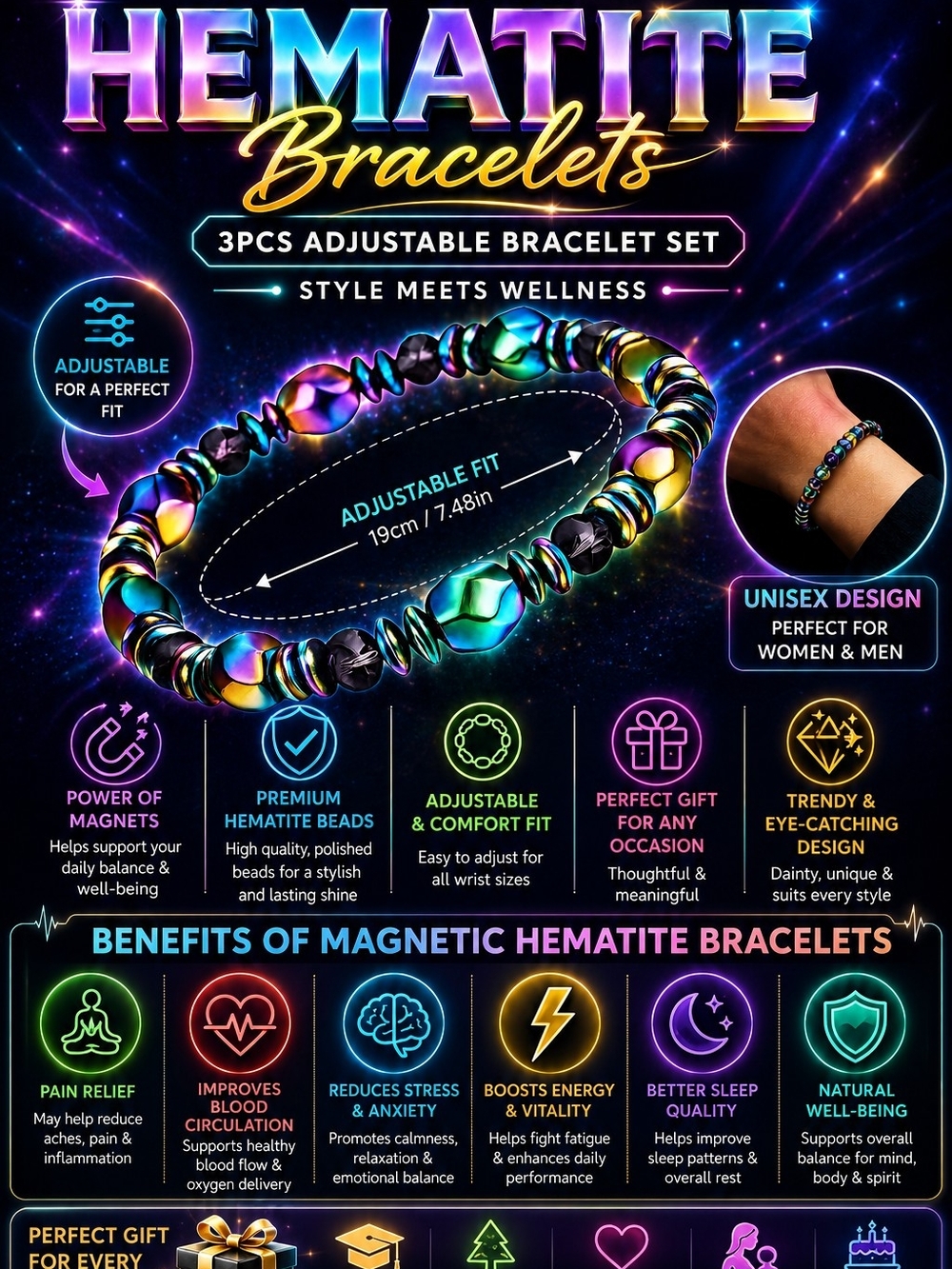 Hematite Magnetic Bead Bracelet Iridescent Adjustable